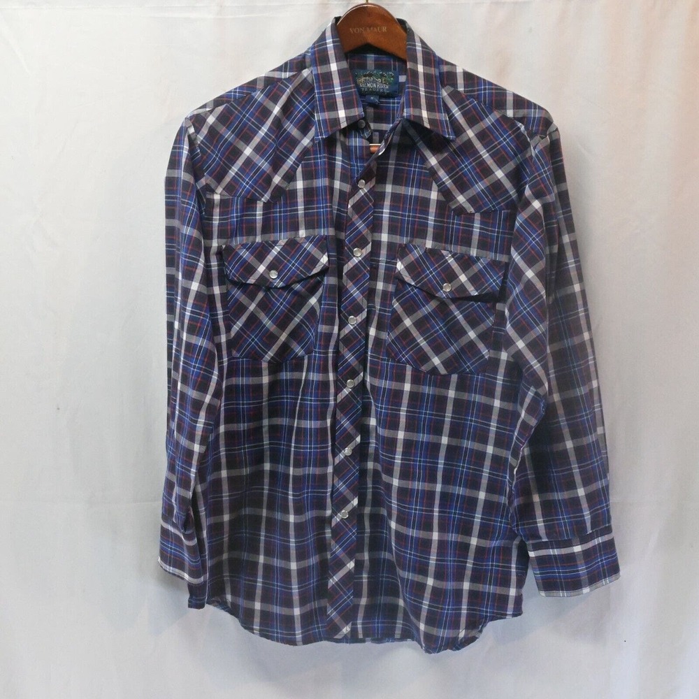 Salmon River Traders Medium Blue Plaid L/S Pearl Snap Rockabilly Western Shirt‎